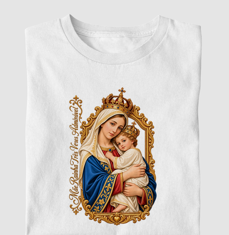 Camiseta Mãe Rainha Três Vezes Admirável Com Menino Jesus