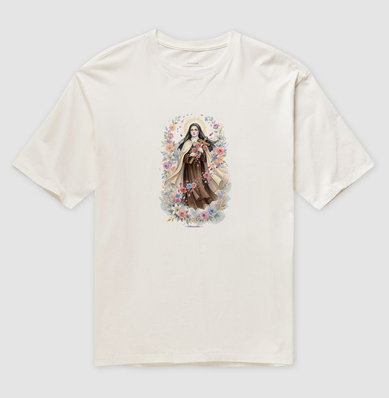 Santa Teresinha do Menino Jesus - Chuva de Rosas - Aquarela - Camiseta Oversized