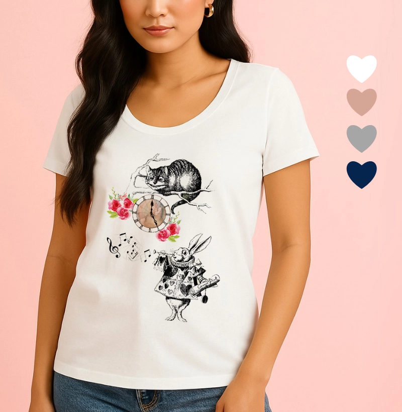 Camiseta Feminina Ilustrada Coelho e Gato