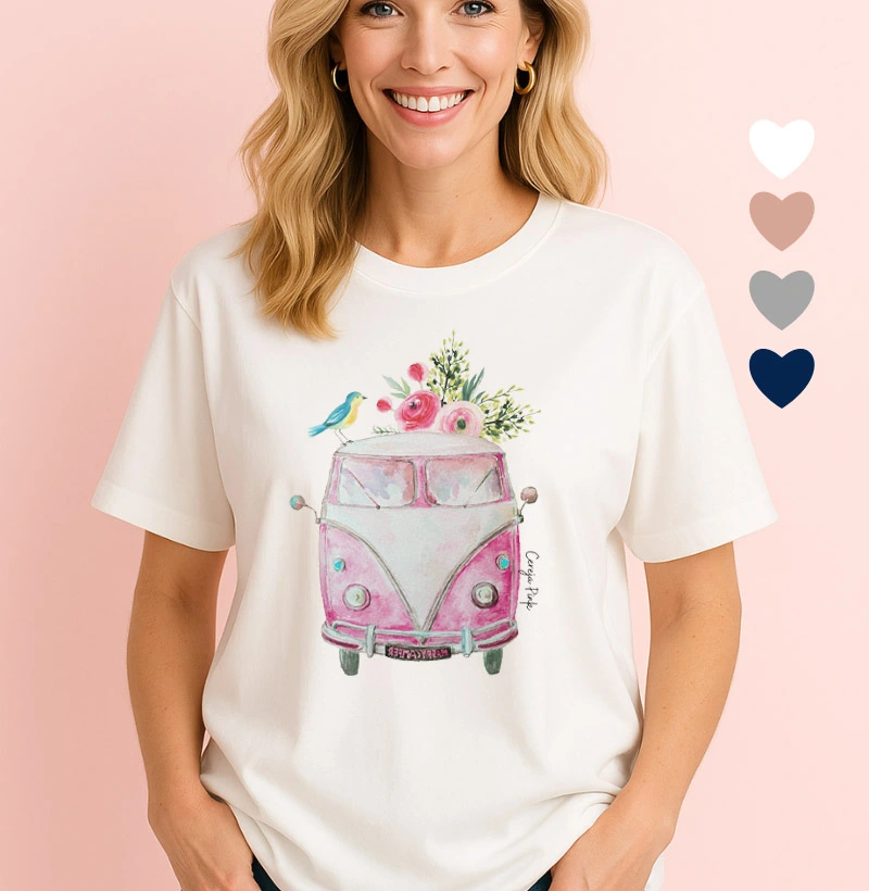 Camiseta Feminina Ilustrada Kombi Rosa