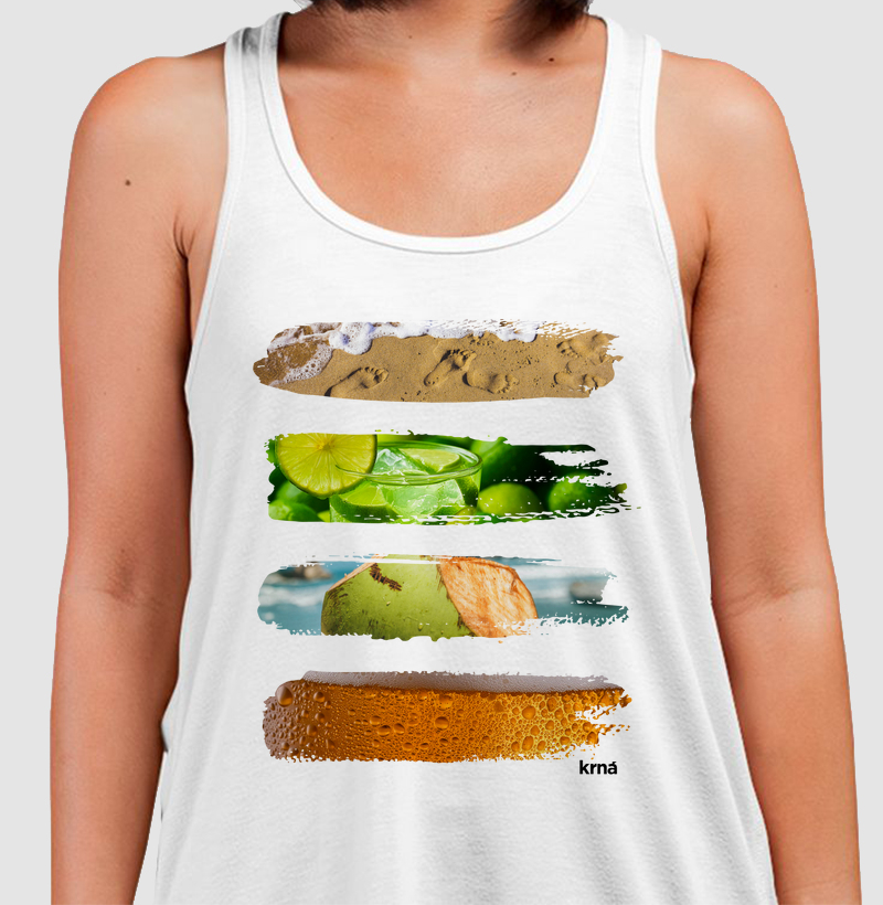 Camiseta Regata Pé na Areia, Caipirinha, Água de Coco & Cervejinha