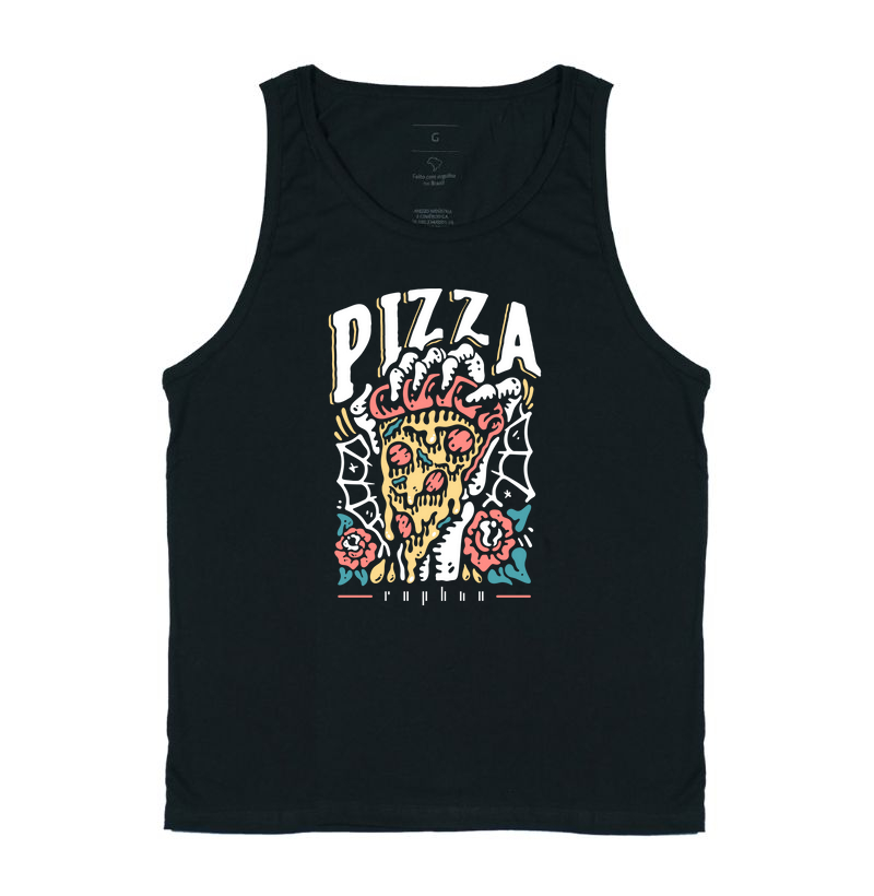 Caveira segurando fatia de pizza e rosas