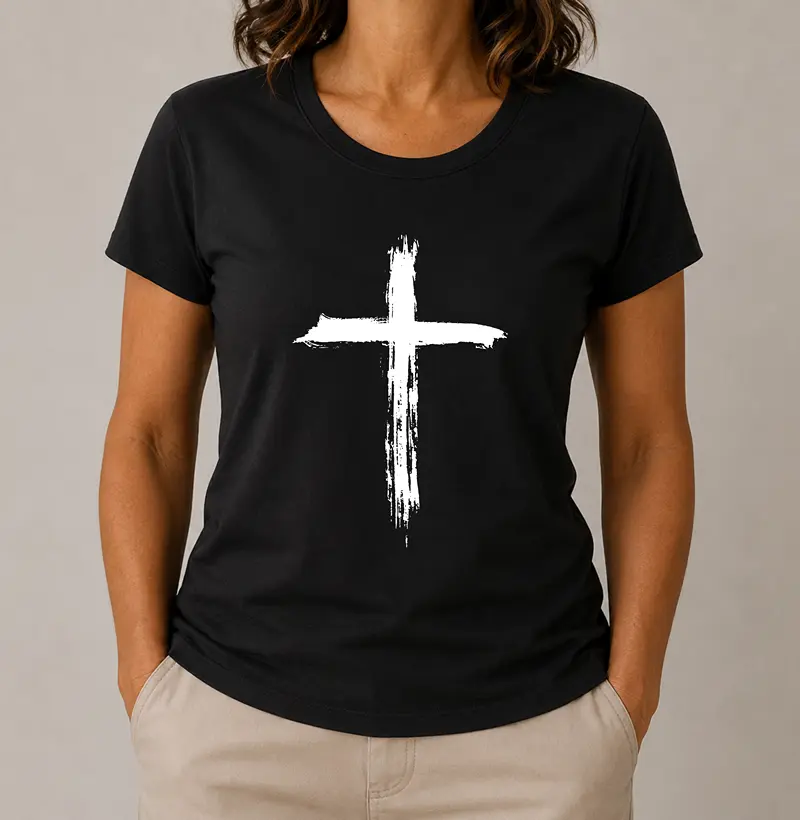 Camiseta Fem. Cruz Pincelada - Estampa Branca - Camiseta