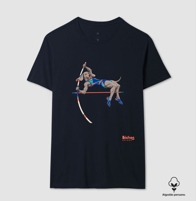 Weimaraner Salto com Vara - Camiseta Algodão Peruano