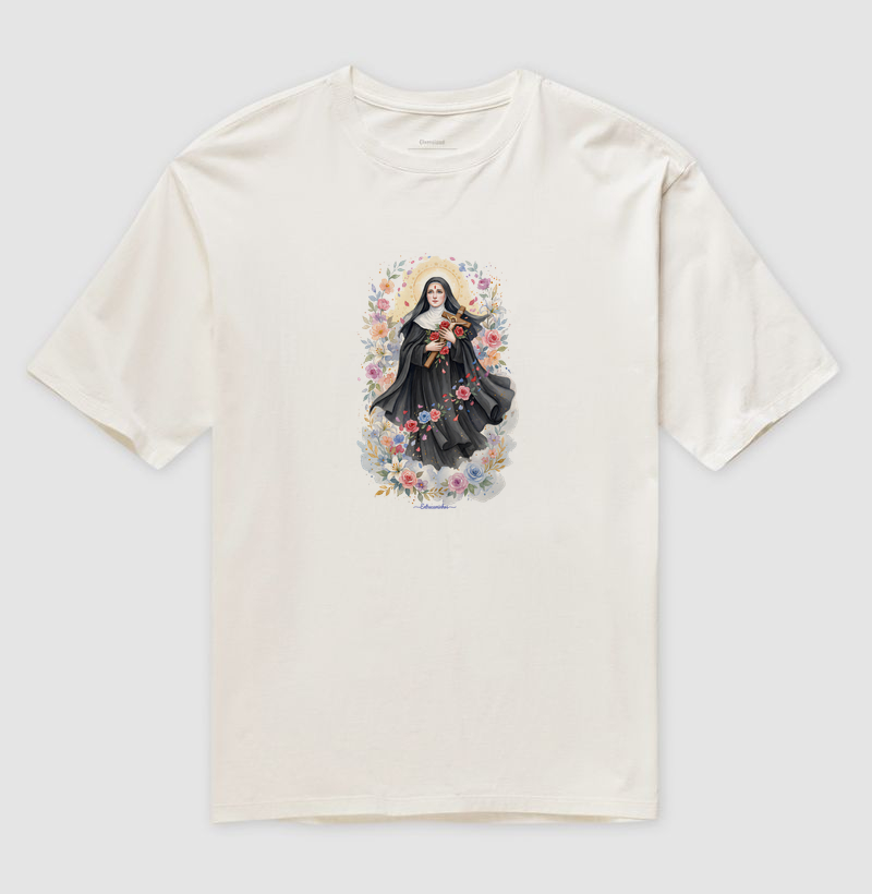 Santa Rita de Cássia - Aquarela com Rosas - Camiseta Oversized