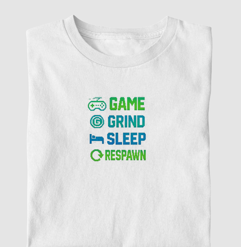 Camiseta Gamer Pixel "GAME GRIND SLEEP RESPAWN"