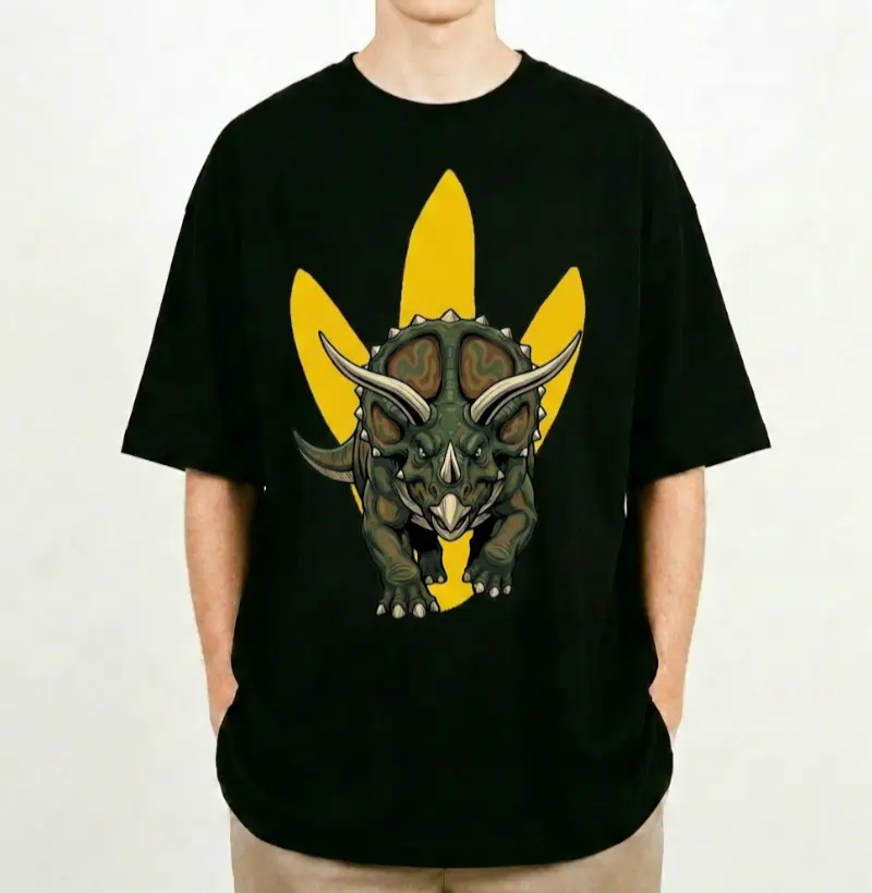 Camiseta Dinossauro Oversized Triceratops Furioso Algodão Premium Dinoloco