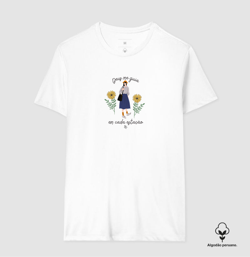 Guiada em Cada Estação – Girassol & Fé - Camiseta Algodão Peruano