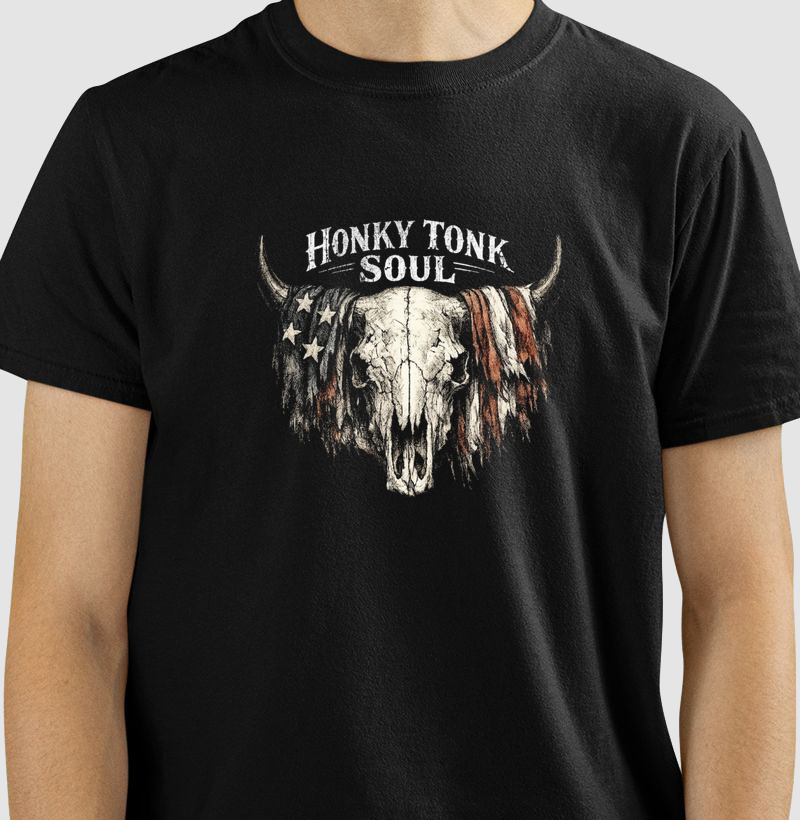 Camiseta Honky Tonk Soul – Caveira Longhorn Vintage