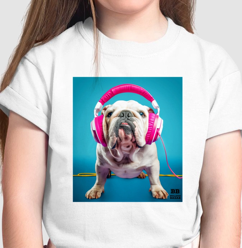 Camiseta Infantil Bulldog Ingles "Headphones" 