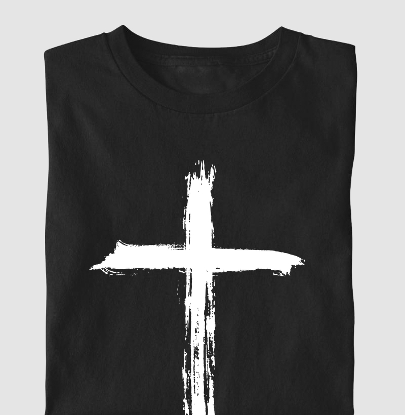 Camiseta Masc. Cruz Pincelada - Estampa Branca