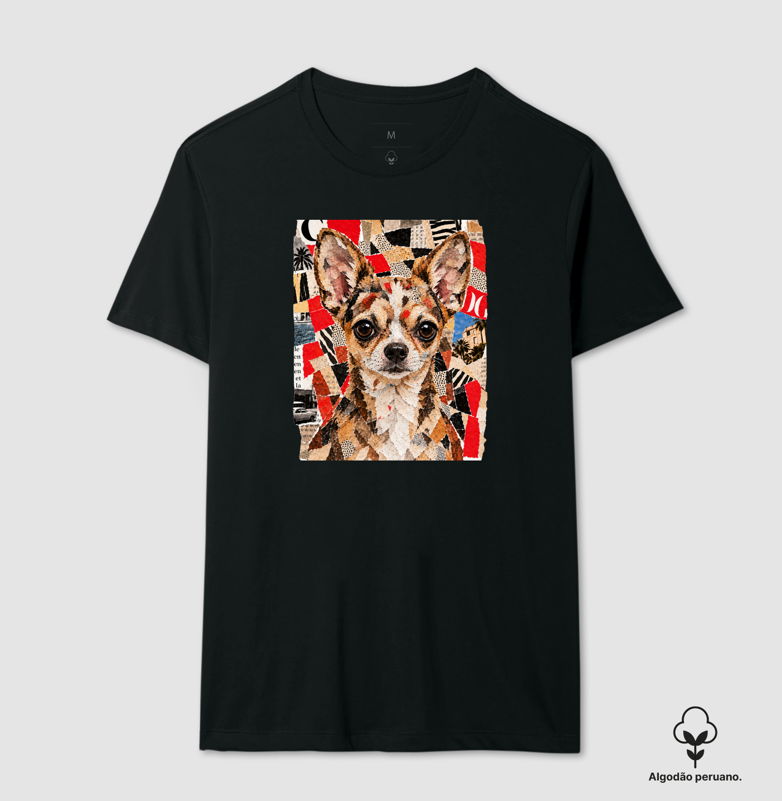 Chihuahua Magazine Collage - Camiseta Algodão Peruano
