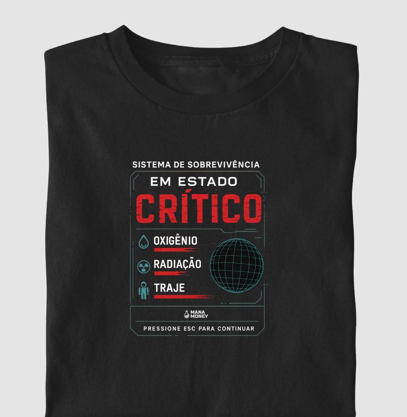 HUD CRÍTICO – Camiseta Gamer Sci-Fi com Estampa Glitch de Sistema em Colapso | ManaMoney Oficial