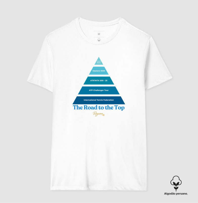 Camiseta Masculina, Feminina, Babylook e Unissex Tennis “The Road to the Top.” Algodão Peruano