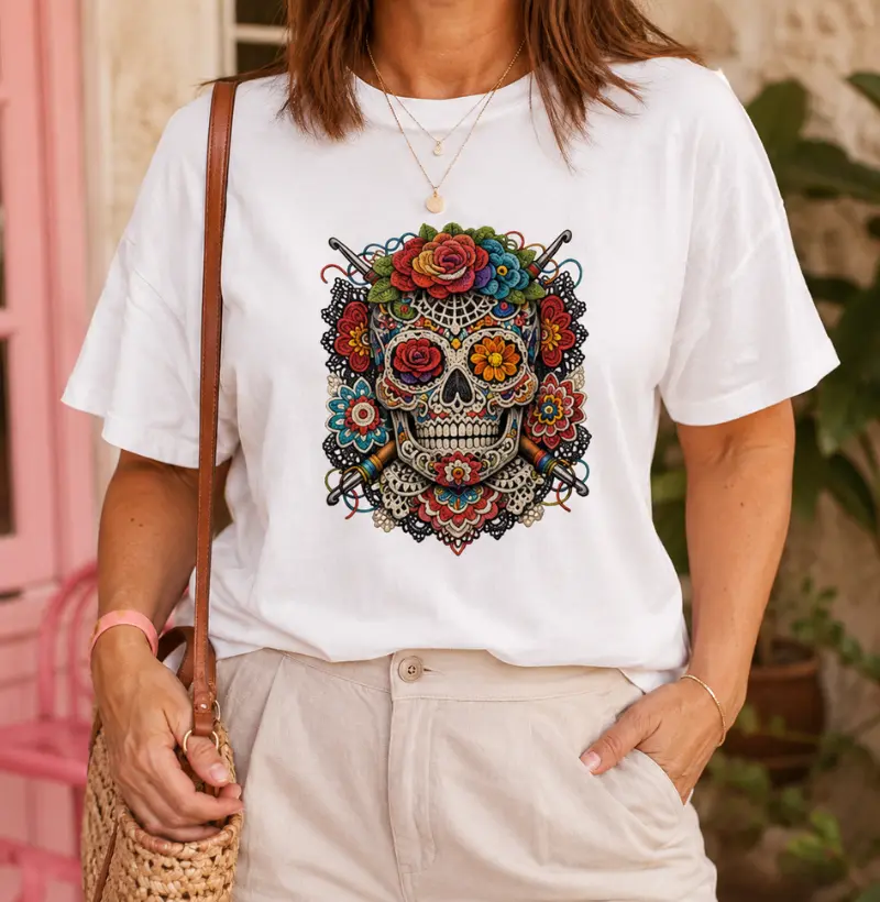 Camiseta Caveira Mexicana de Crochê Divertida