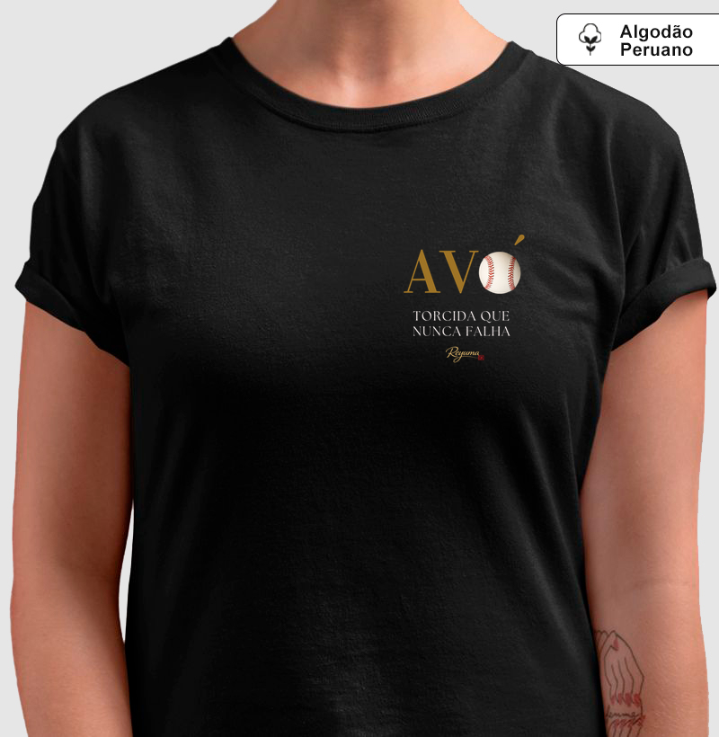 Camiseta Masculina, Feminina, Babylook e Unissex de Algodão Peruano Baseball "Avó Torcida que nunca falha" - Avó