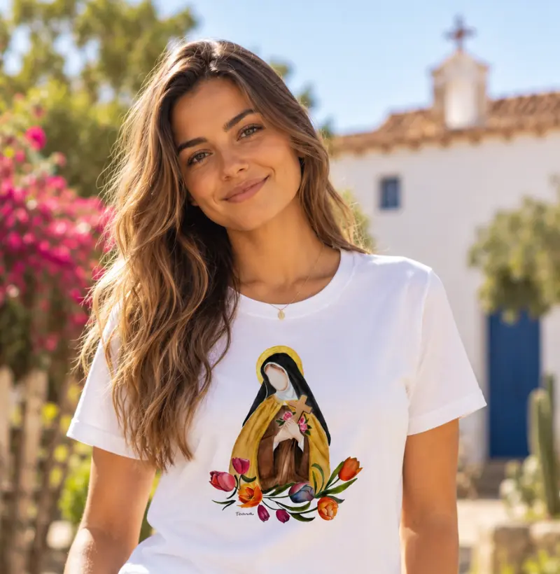 Camiseta Santa Terezinha das Rosas – Arte em Aquarela Taana de Sousa Araújo