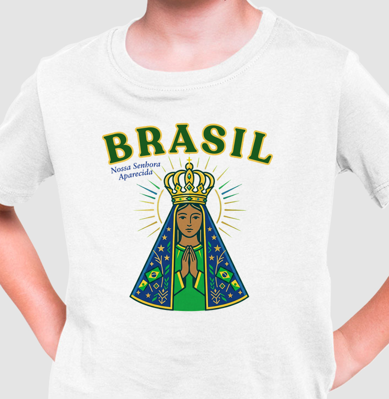 Camiseta Infantil Nossa Senhora Aparecida Brasil Verde e Amarela