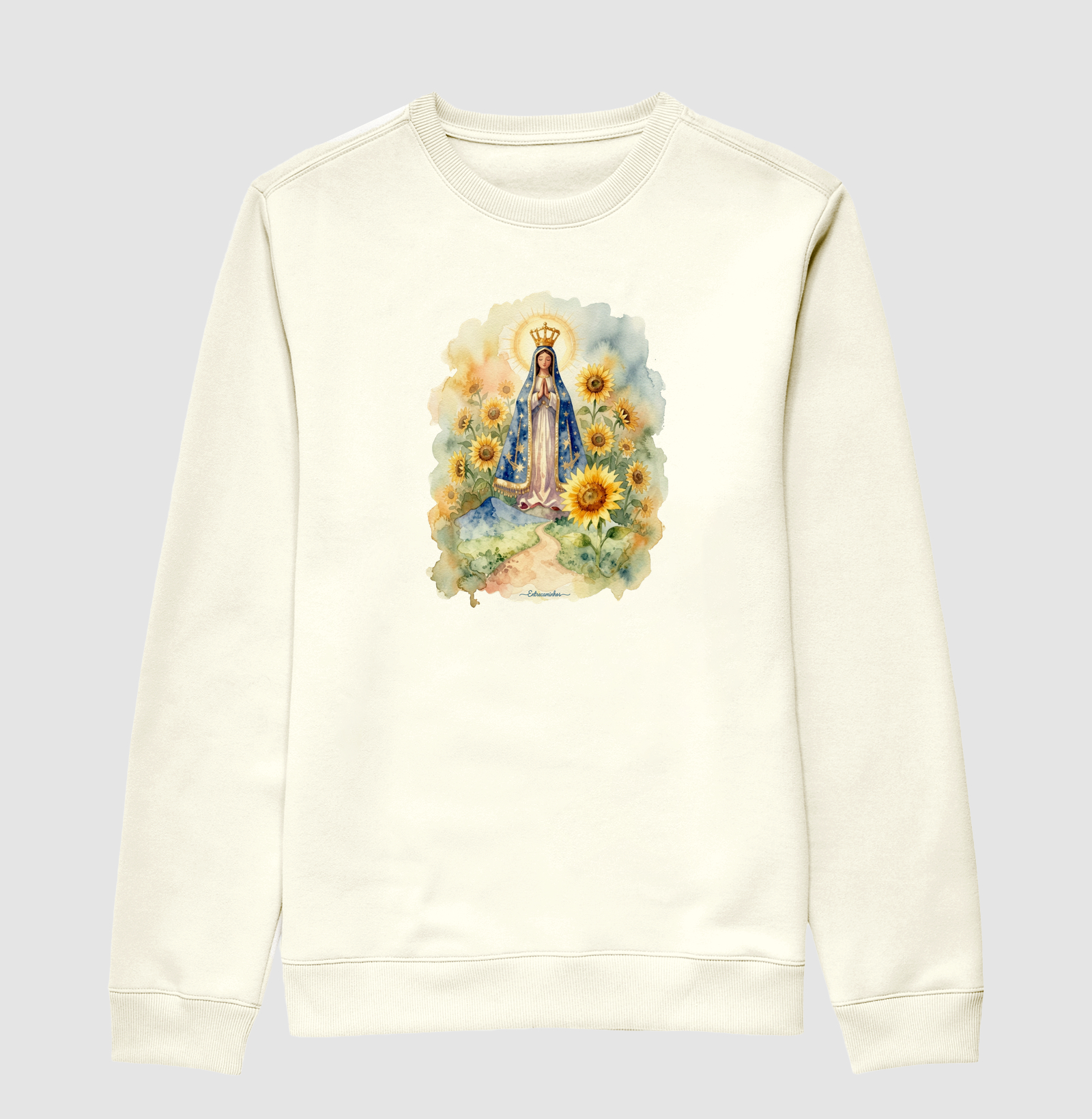Nossa Senhora e Girassóis - Estilo Aquarela - Suéter Moletom