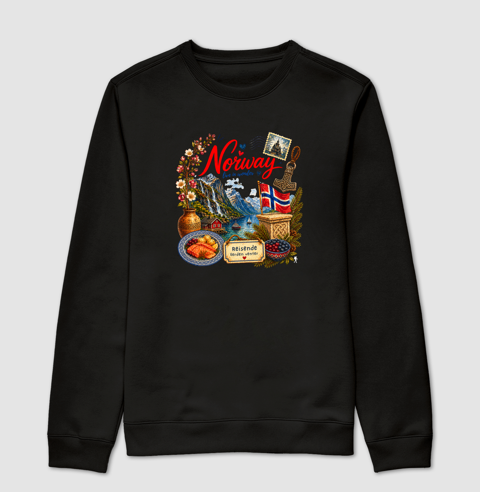 Camiseta Norway Live in Wonder | Noruega Fiorde Aquarela | Colecao Viciados em Viagem