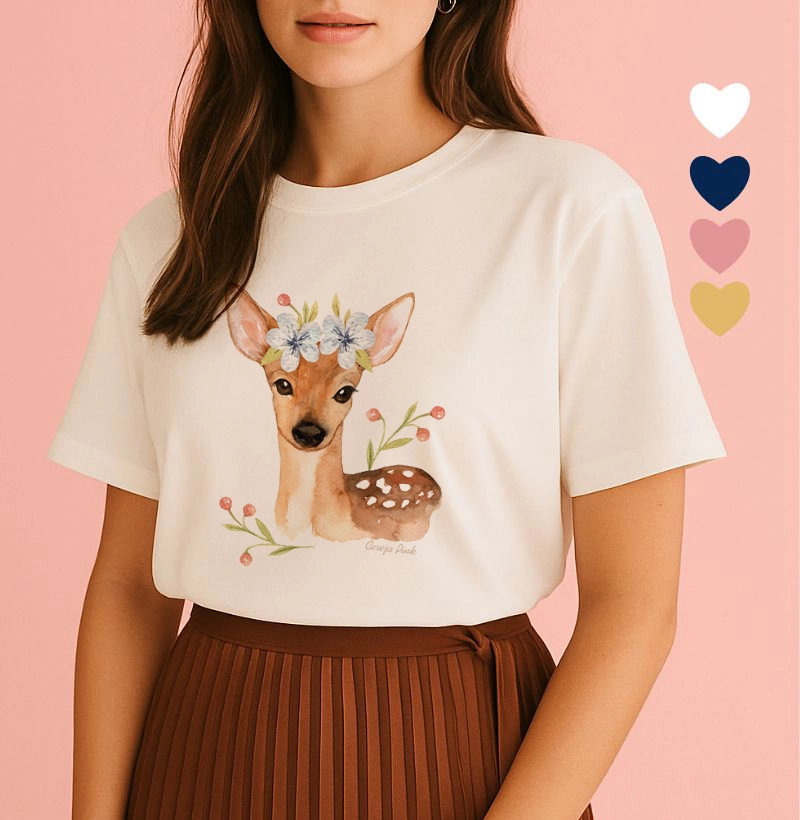 T-Shirt Feminina Ilustrada Cervo e Flores