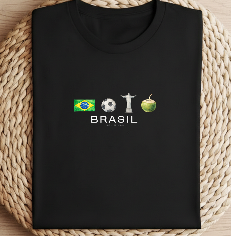 Camiseta Brasil Ícones | Bandeira Cristo Futebol | Design Minimalista