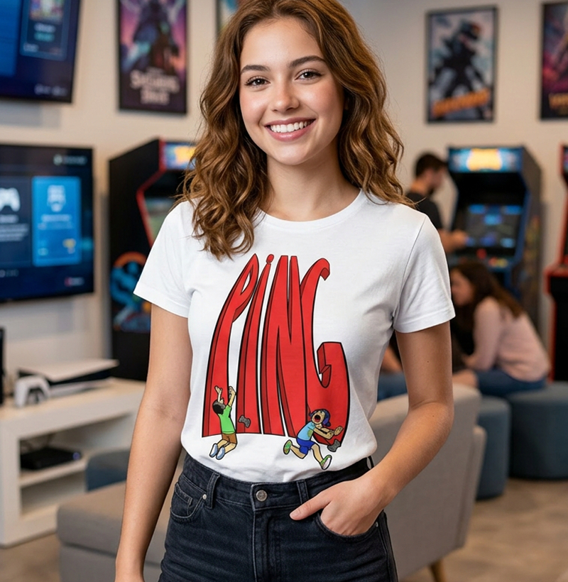 Camiseta Feminina Gamer: "A fuga do Ping alto"