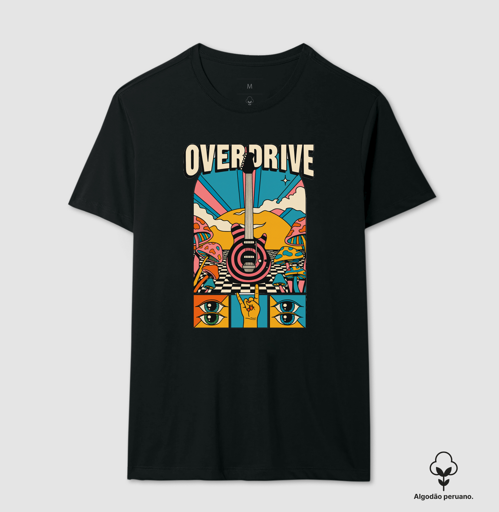 camiseta-rock-overdrive-psicodelica-guitarra-cogumelos-vintage