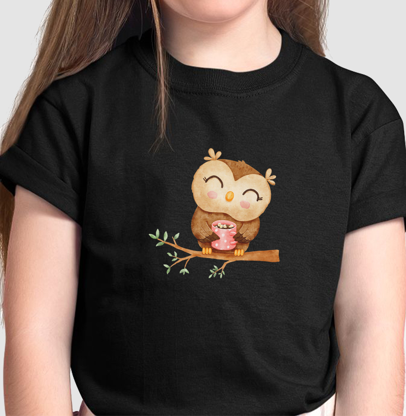 Camiseta Infantil Corujinha. Coleção Kids. Meninos e Meninas. Algodão Premium.