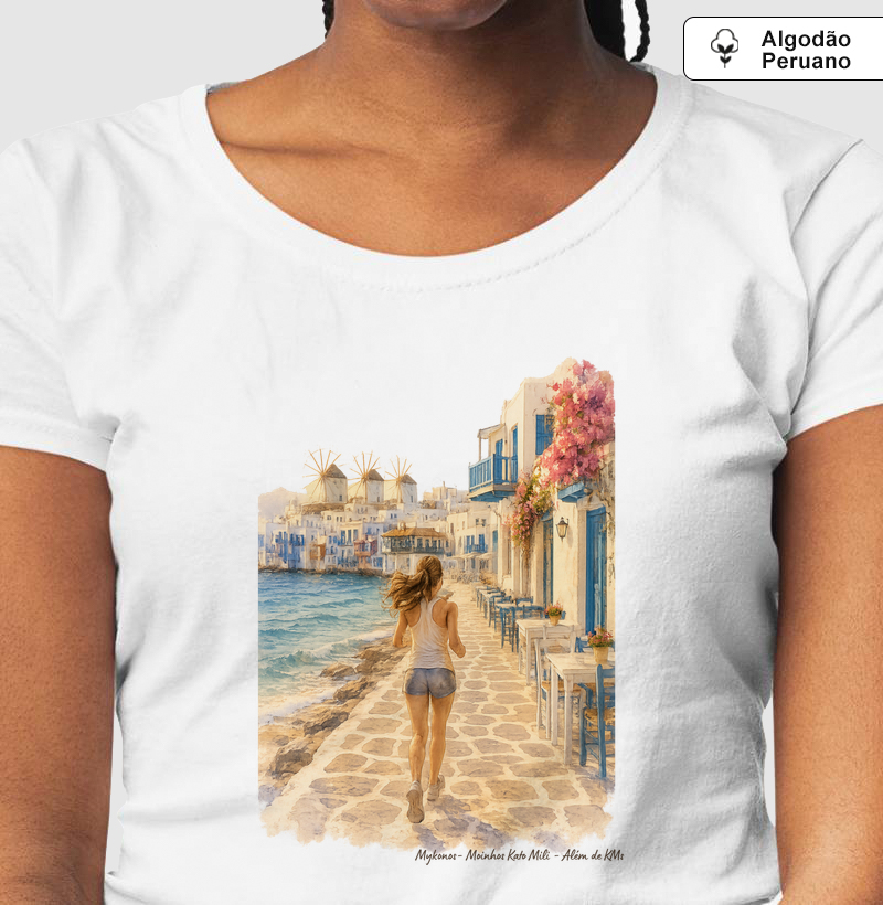 Além de KMs - MyKonos Moinhos Kato Mili - Camiseta Algodão Peruano