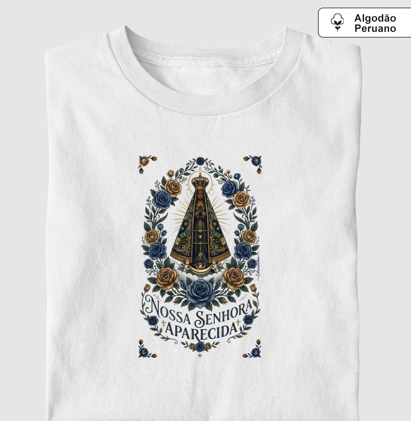 Nossa Senhora Aparecida - Rosas Azuis e Douradas - Camiseta Algodão Peruano