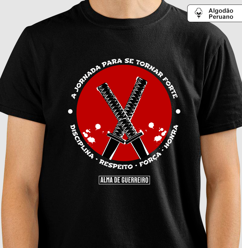 Camiseta Algodão Peruano Alma de Guerreiro Samurai 2 Katanas