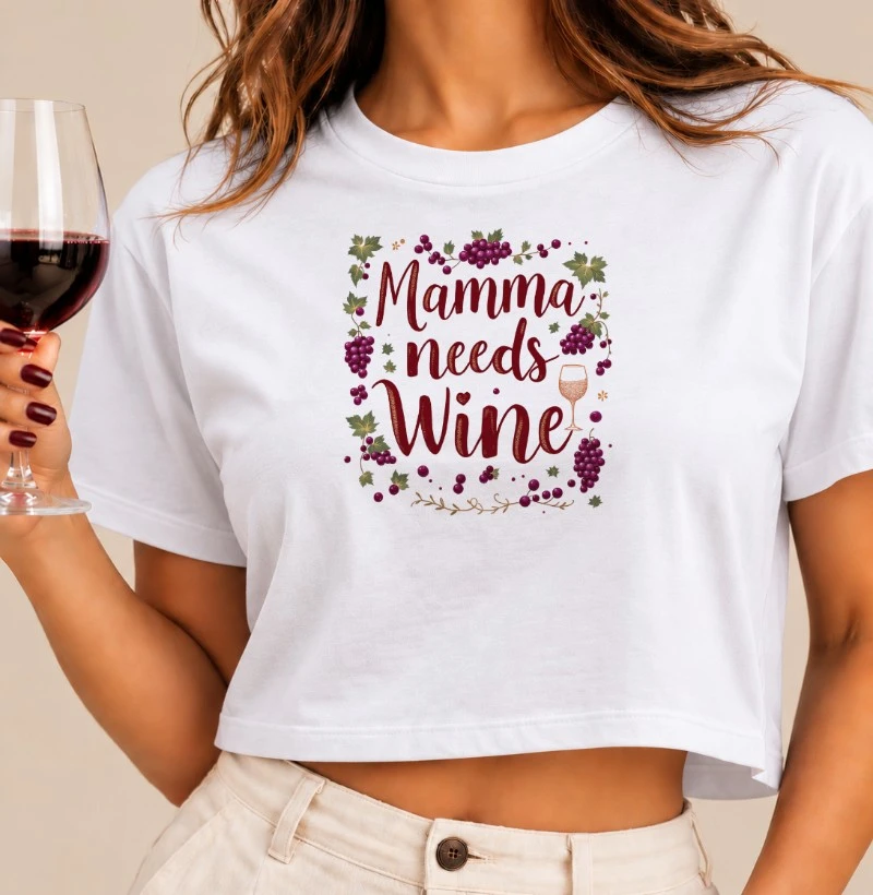 Camiseta Cropped Mamma Needs Wine - Cropped