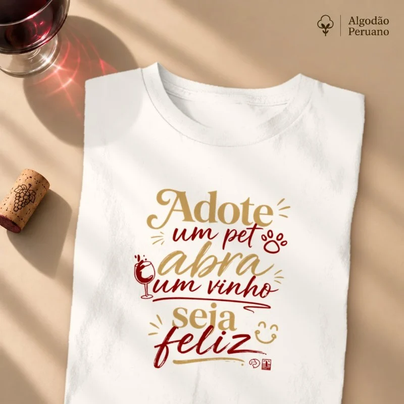 Camiseta Adote um Pet, Abra um Vinho, Seja Feliz