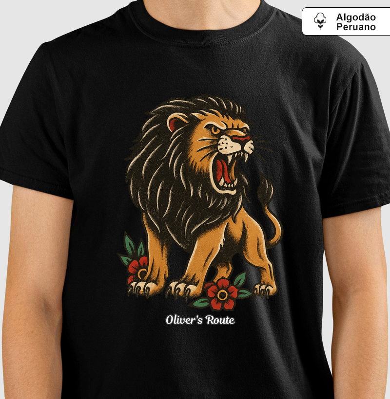 Leão Old School - Camiseta Algodão Peruano
