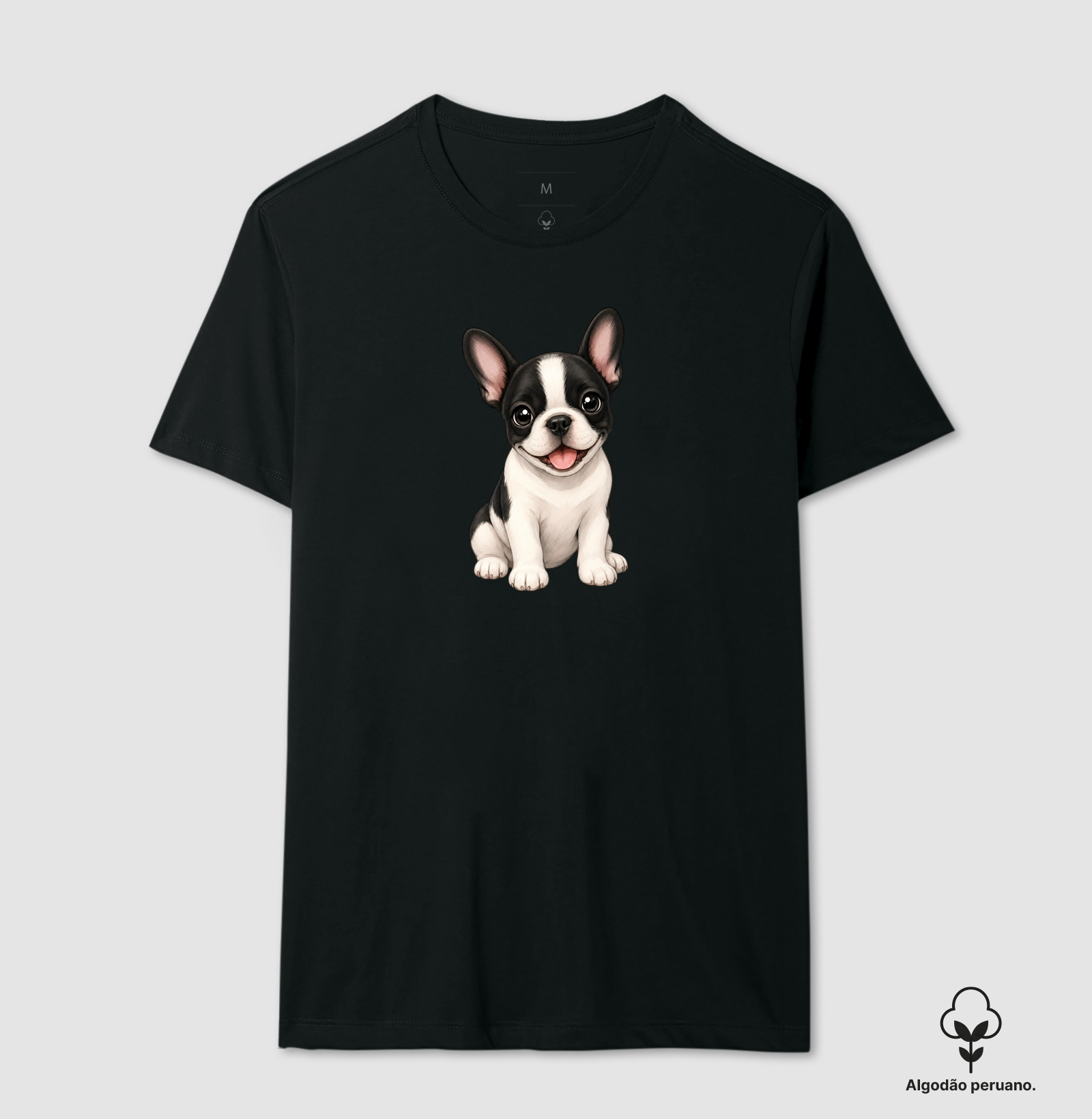 Bulldog (Buldogue) Francês Preto e Branco - Desenho Animado - Camiseta Algodão Peruano