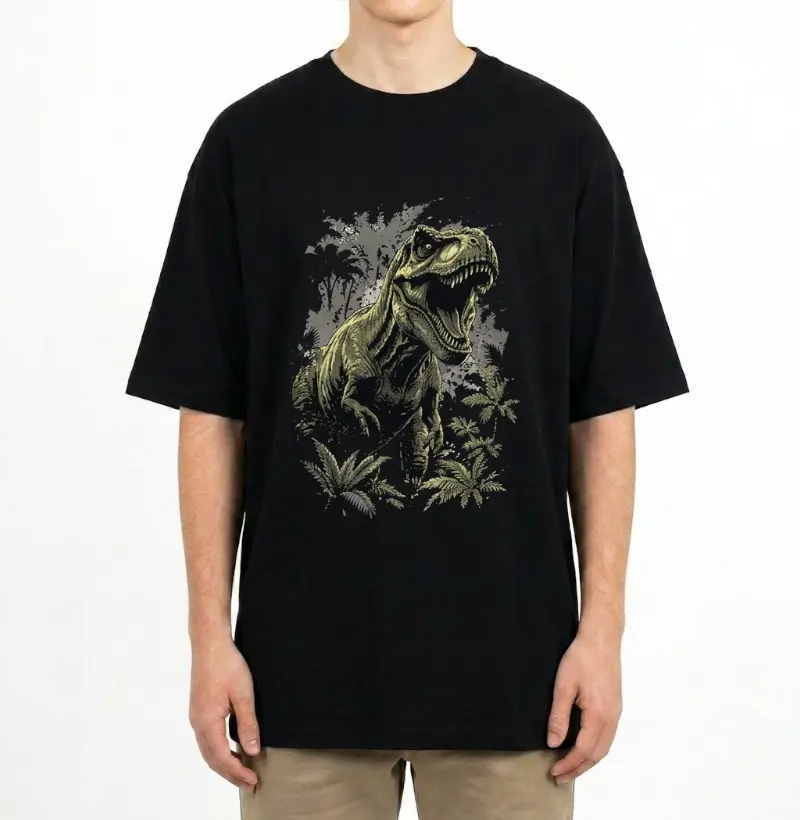 Camiseta Dinossauro Oversized T-rex Furioso na Selva Algodão Premium Dinoloco