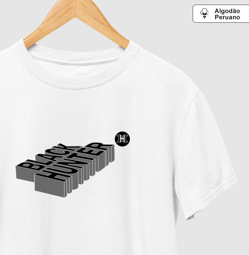 camiseta algodão peruano letreiros deitados preto e branco black hunter