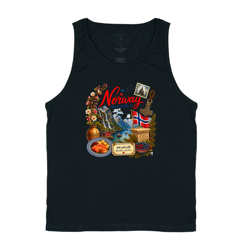 Camiseta Norway Live in Wonder | Noruega Fiorde Aquarela | Colecao Viciados em Viagem