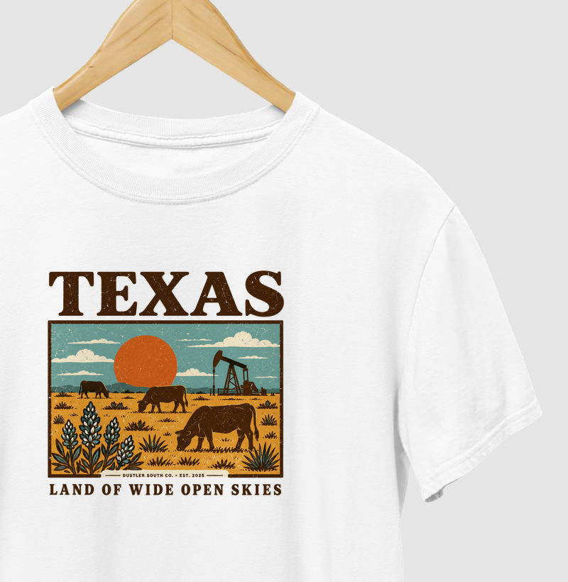 Camiseta Country Texas Land of Wide Open Skies Dustler South Co. Algodão Peruano Premium
