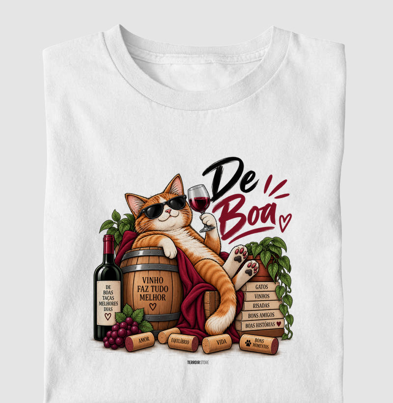 Camiseta “De Boa” Gato com Vinho – Estilo Relax & Life Mood