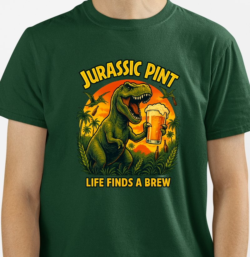 Camiseta Jurassic Pint – Life Finds a Brew