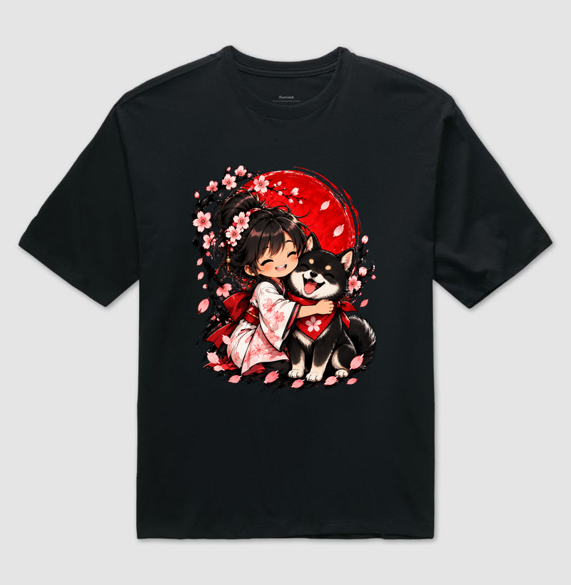 Sakura & Shiba — Amizade que Floresce (Preto) - Camiseta Oversized