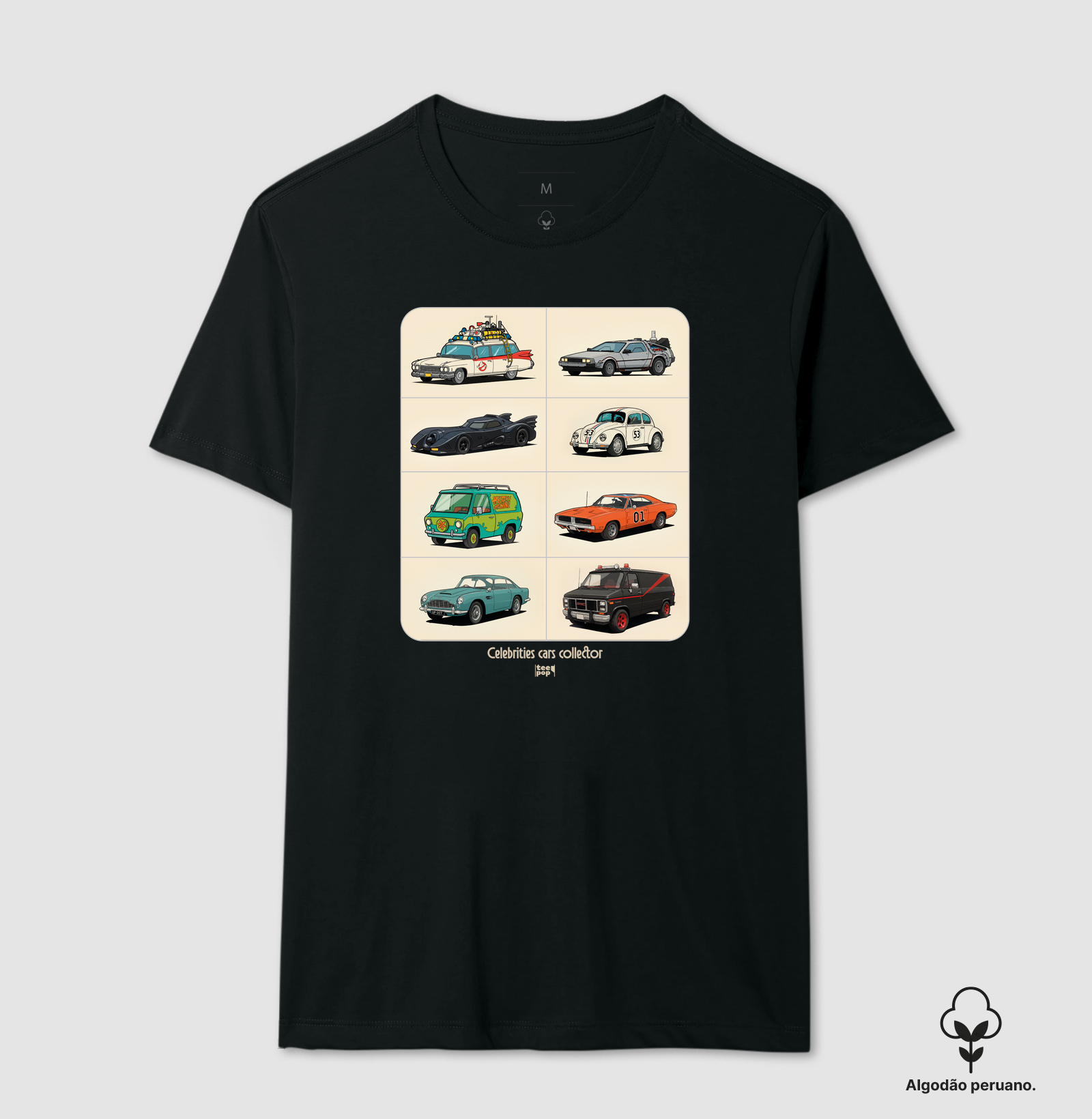 Camiseta algodão peruano colecionador miniaturas carros famosos