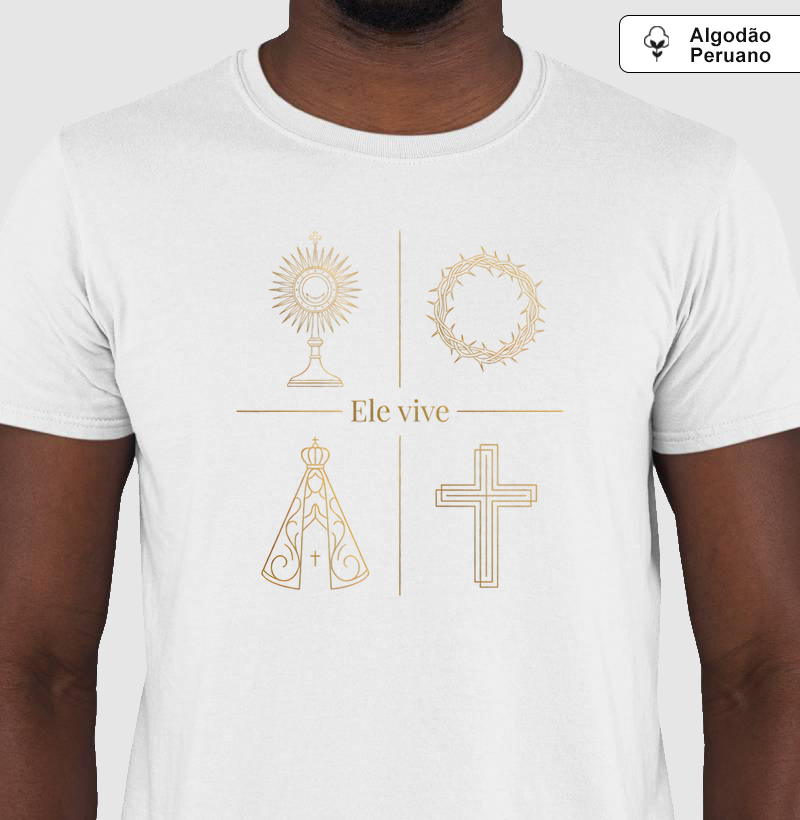 Camiseta Algodão Peruano Ele Vive Símbolos