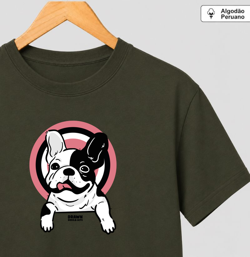 Bulldog francês fundo rosa - Camiseta Algodão Peruano