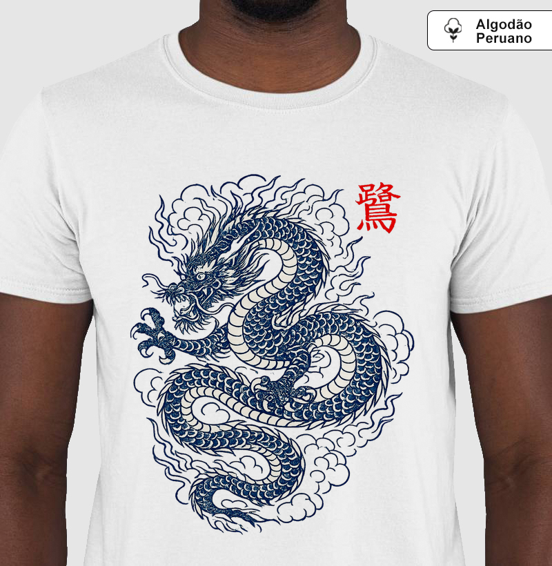 Camiseta Dragão Japonês Azul Vintage | Arte Oriental Tradicional Algodão Premium Peruano 