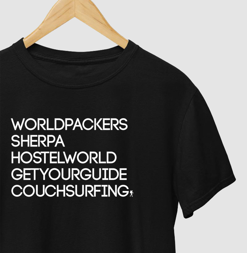 Camiseta Apps do Viajante Mochileiro | Worldpackers, Sherpa, Hostelworld, GetYourGuide, Couchsurfing | Colecao Viciados em Viagem