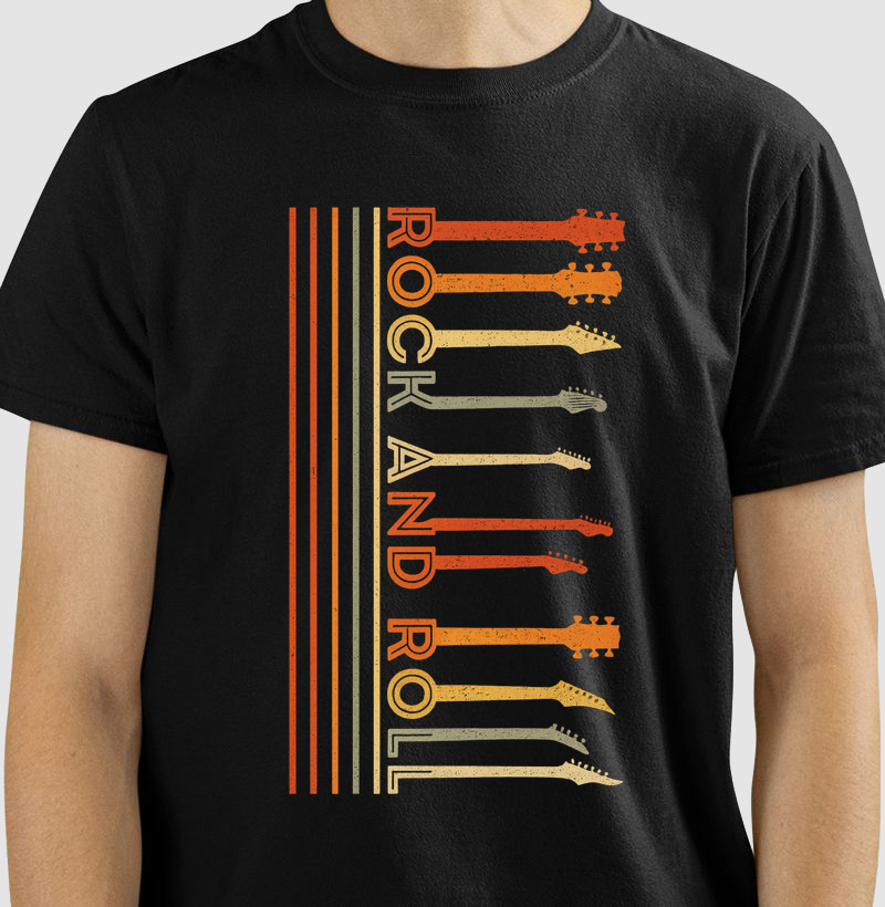 camiseta-rock-and-roll-retrô-guitarras-coloridas