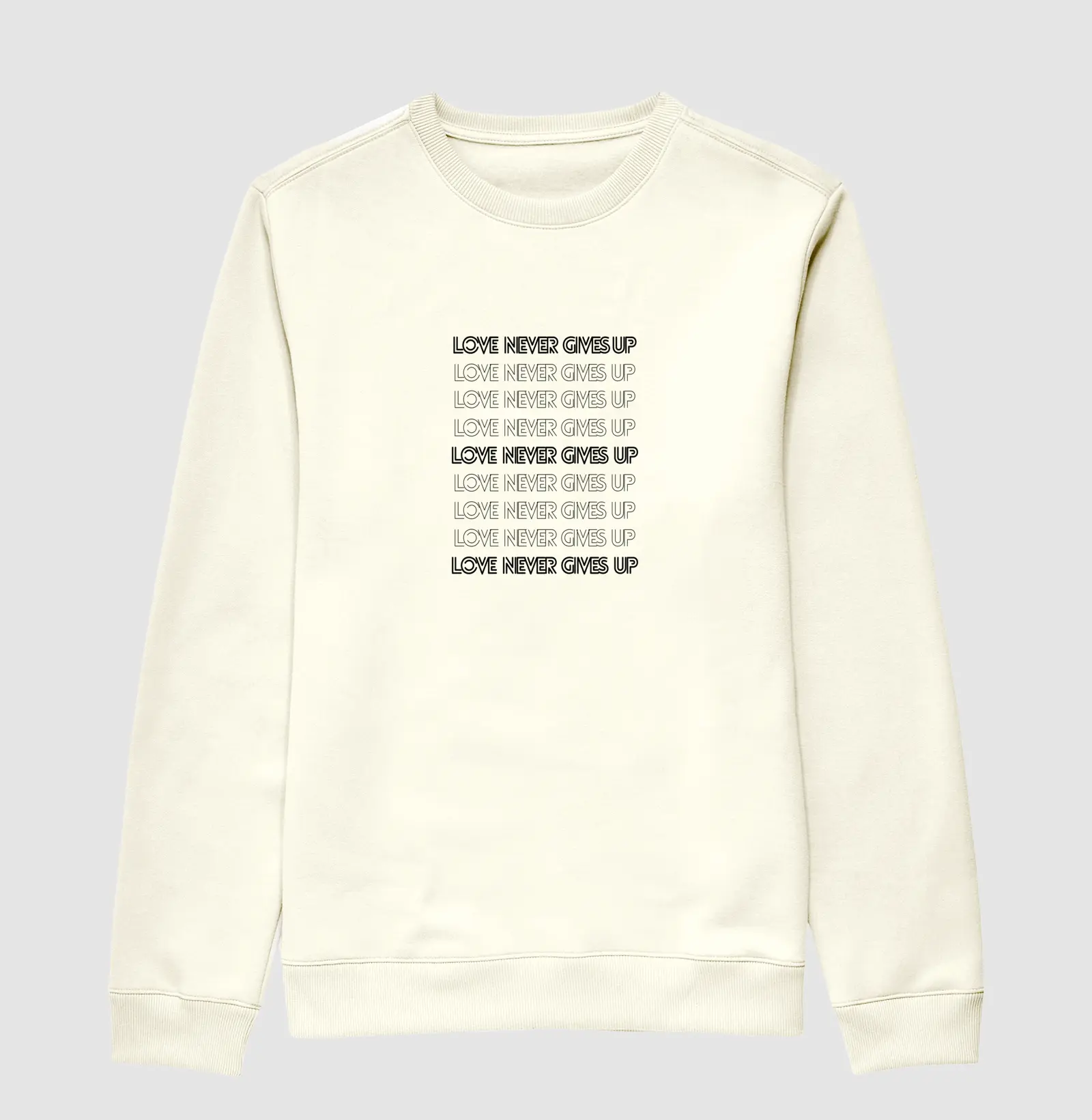 LOVE NEVER GIVES UP estampa preta e branca